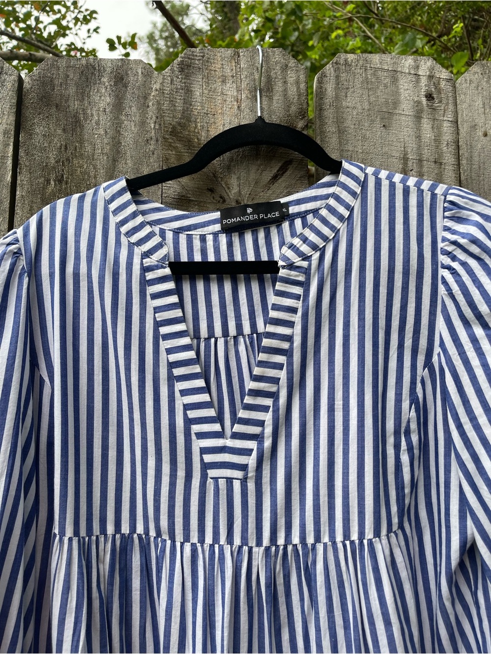 Pomander Place Navy and White Striped Tiered Long Sleeve Dress - Picture 2 of 11